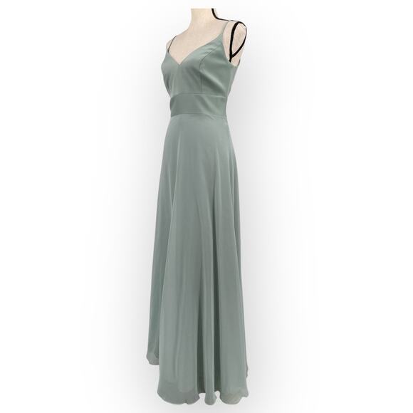 David's Bridal Spaghetti Strap Crepe-Back Satin Dress in Dusty Sage - Picture 3 of 13